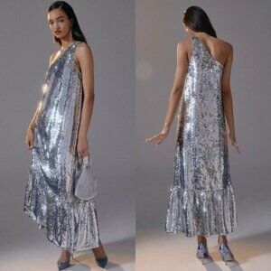 NWT Maeve Anthropologie One Shoulder Silver Sequin Maxi Dress Size XXS